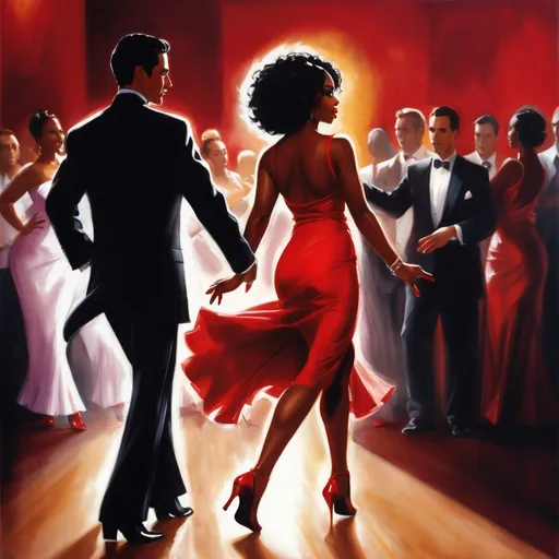 Prompt: A dashing Latino man with slick black hair dons a fitted black shirt and tailored slacks, exuding confidence as he leads a beautifully graceful black woman across the dance floor. She wears a striking red dress that flows elegantly around her as she moves, accentuated by her bold red heels. The dimly lit Argentinian-style club is alive with a warm, inviting atmosphere, where rustic wooden beams and vibrant murals hint at a rich cultural tapestry. Soft golden lights cast gentle shadows, illuminating the couple as they dance passionately, their eyes locked in a joyful connection. The vibrant sounds of the tango envelop them, transporting onlookers to a world of romance and rhythm. This scene captures the essence of life and dance in a cinematic, photorealistic style. 