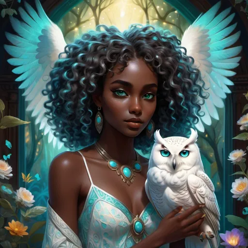 Prompt: (beautiful young black woman), full body, vibrant fantasy style, dark chocolate skin, luxurious white curly/coily hair, striking turquoise eyes, pet white owl, magical atmosphere, enchanting light, whimsical background filled with fantastical elements, lush colors, dreamy vibe, high depth, ultra-detailed, captivating and imaginative composition.