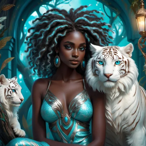 Prompt: (beautiful young black woman), full body, vibrant fantasy style, dark chocolate skin, luxurious white curly/coily hair, striking turquoise eyes, pet white owl and pet white tiger, magical atmosphere, enchanting light, whimsical background filled with fantastical elements, lush colors, dreamy vibe, high depth, ultra-detailed, captivating and imaginative composition.