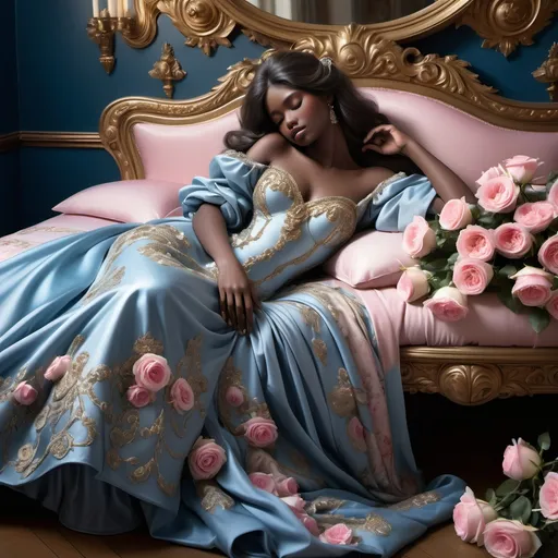 Prompt: Bathed in a dreamy blue hue, a sleeping figure reclines gracefully on an ornate bed, draped in luxurious fabrics and surrounded by a cascade of delicate pink roses. Her intricate gown, embellished with shimmering details and soft, billowing sleeves, harmonizes beautifully with her dark, flowing hair, which frames her chocolate skinned serene face. Reflections from the lavish golden mirrors enhance the opulent atmosphere of the scene, creating a striking interplay of light and shadow that adds depth. The overall composition exudes an enchanting, fairy-tale quality, inviting viewers to lose themselves in this moment of tranquil beauty and elegance. Rich colors and textures convey a mood of romance and sophistication, evoking a sense of timelessness.