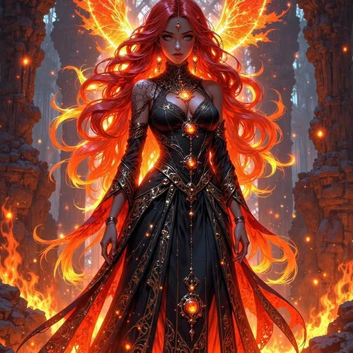 Prompt: beautiful fire goddess with long red flaming hair, radiant black skin and golden eyes with slits and a gemstone in the middle of her forehead. wearing gorgeous elegant dress made of flames