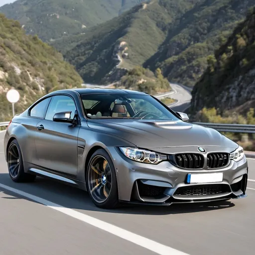 Prompt: A bmw m4 series with mat gray color running on the road
