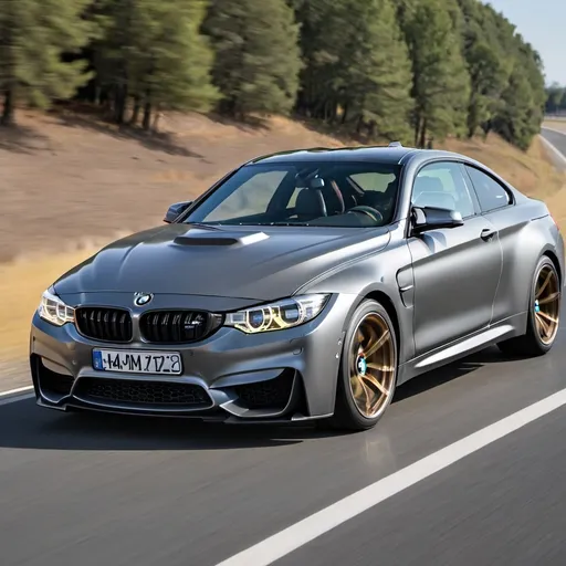 Prompt: A bmw m4 series with mat gray color running on the road
