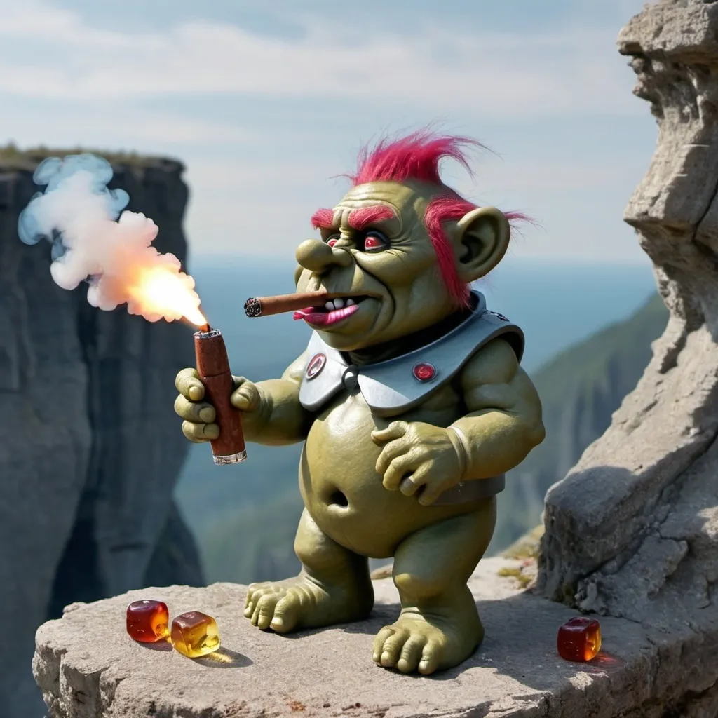 Prompt: Troll shooting a futuristic gun, the bullets coming out are gummy bears being shot in slow motion. Troll is smoking a cigar and is on a cliff