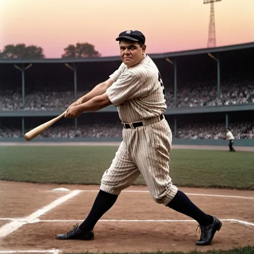 Prompt: Babe Ruth hitting a home run during sunset, picture taken from the umpires point of view