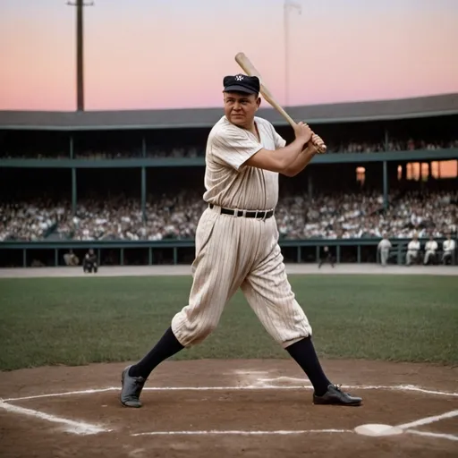 Prompt: Babe Ruth hitting a home run during sunset, picture taken from the umpires point of view