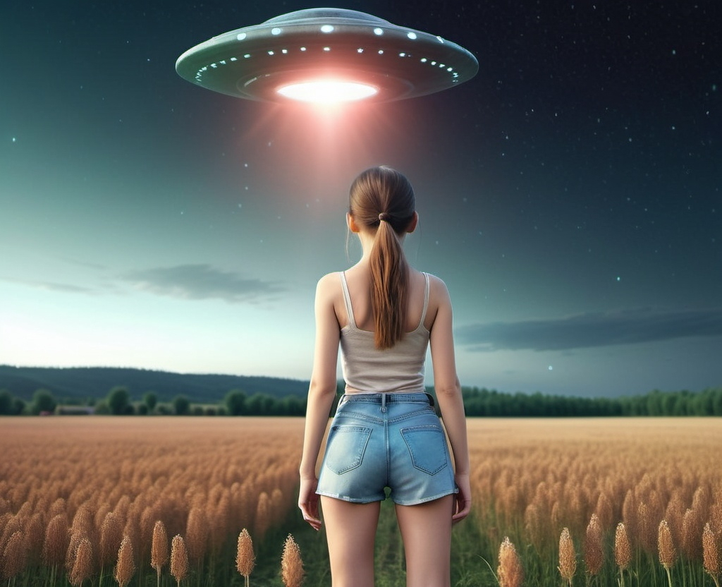 Prompt: A girl in the field watching a UFO at night in the sky. Fiction scene with alien spaceship. Photo with 3d rendering element