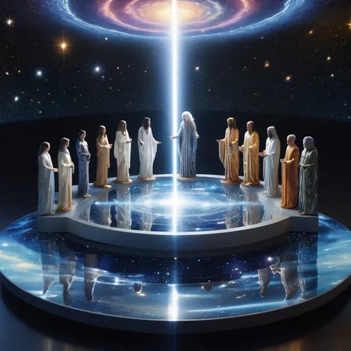 Prompt: Hyper-realistic scene of the Council of Light assembled on a shimmering, floating platform over cosmic waters, reflecting galaxies and stardust. Seven beings stand together in harmony, their radiant forms creating ripples of light across the surface. Each has a unique form, from halos of crystal to celestial wings, blending various symbols of enlightenment. The soft light from their energies contrasts with the dark, star-filled sky, creating a balanced, contained image perfect for t-shirt design.