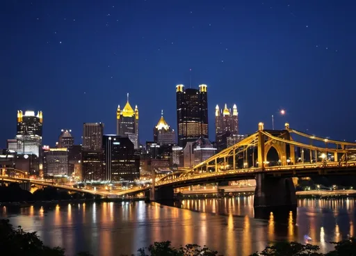 Prompt: City of Pittsburgh, a bridge and the skyline, lights, and the river, the night sky