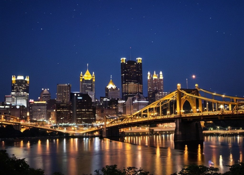 Prompt: City of Pittsburgh, a bridge and the skyline, lights, and the river, the night sky