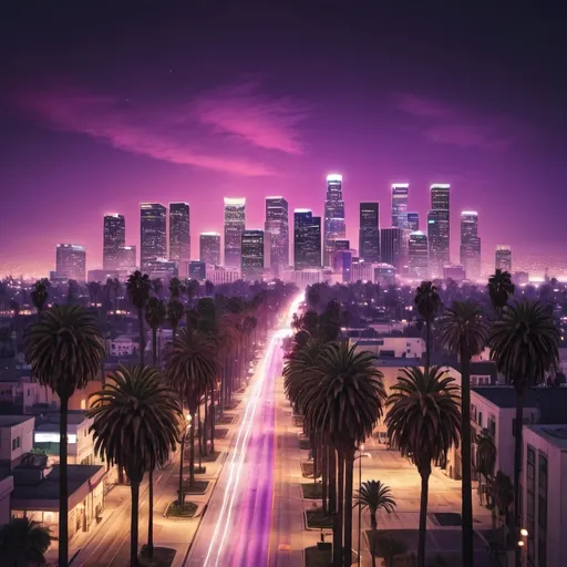 Prompt: City like Los Angeles at night with palms and purple heaven