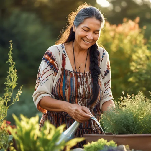 Prompt: <mymodel>Sensuous middle-aged Native American woman in casual clothes watering herbs in her herb garden on the prairie, (smiling at viewer), vibrant colors, lush greenery, warm sunlight filtering through leaves, fragrant herbs creating a serene atmosphere, peaceful and inviting aura, gentle, flowing attire, soft breeze stirring hair, ultra-detailed, HD, natural beauty, earthy tones enhancing the connection to nature.