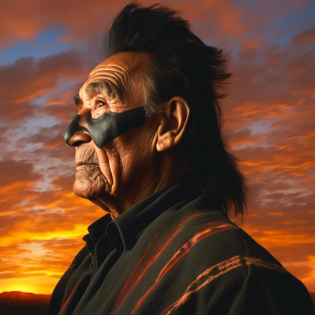 Prompt: <mymodel>(mymodel) an elderly Native American man with warrior's black face paint, facing viewer (dramatic sunset) in the background, (twilight sky), (wispy clouds) in the sky, (muted colors), (photorealistic), (rich texture), immersive atmosphere, expressive emotions, encapsulating the nearing end of life.