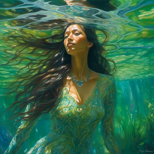 Prompt: <mymodel>(mystical water spirit woman), peaceful expression, looking up from underwater, surrounded by lush green forest, flowing long hair, (translucent dress), shimmering hues matching the stream, ripples distorting the surface, serene ambiance, dappled sunlight filtering through water, (ultra-detailed), breathtaking underwater view, magical realism, vibrant colors.