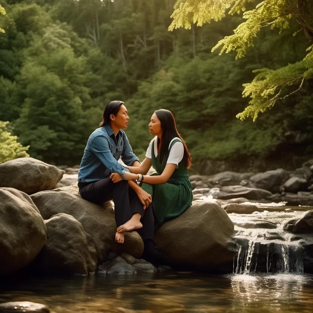 Prompt: <mymodel>(native husband and wife hikers), sitting on a rock by a tranquil forest stream, gazing deeply into each other’s eyes, surrounded by (lush greenery), soft sunlight filtering through trees, creating a (romantic mood), clear water reflecting nature, warm color tones, (ultra-detailed), (high quality), serene atmosphere, gentle ripples in water, dappled light illuminating textures, enchanting forest backdrop.