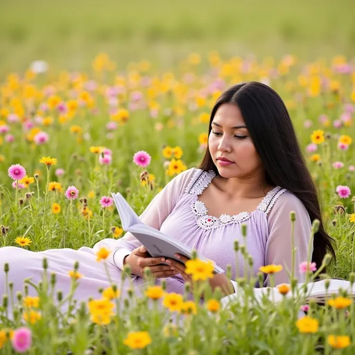 Prompt: (Ethereal woman), slender, long flowing black hair, translucent lace gown, sensually reclining in a vibrant prairie flower meadow, reading a book, surrounds by a sea of colorful blooms, evokes tranquility and serenity; (graceful design), sunlight filtering through the open plains, gentle breeze, (high quality) ultra-detailed, soft pastel tones, captures the essence of freedom and nature's beauty.