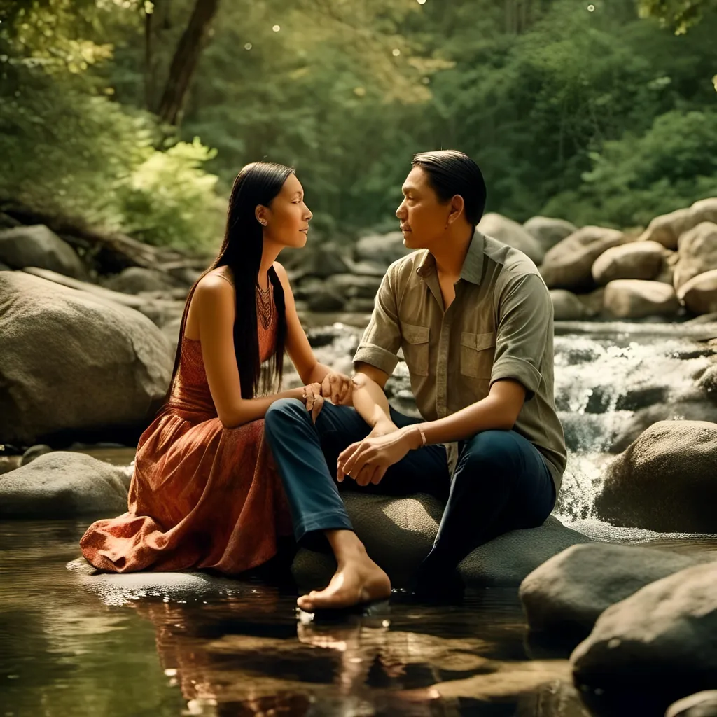 Prompt: <mymodel>(native husband and wife hikers), sitting on a rock by a tranquil forest stream, gazing deeply into each other’s eyes, surrounded by (lush greenery), soft sunlight filtering through trees, creating a (romantic mood), clear water reflecting nature, warm color tones, (ultra-detailed), (high quality), serene atmosphere, gentle ripples in water, dappled light illuminating textures, enchanting forest backdrop.