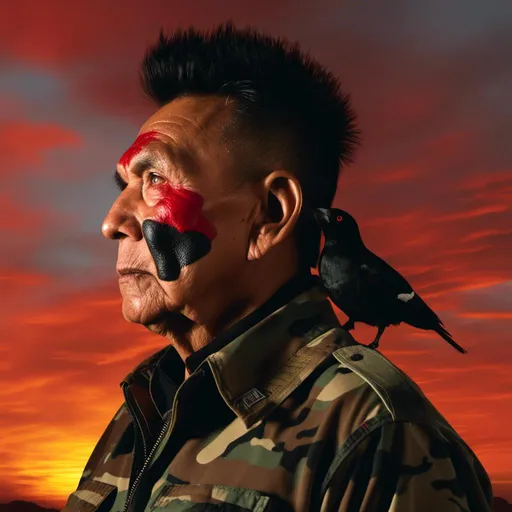 Prompt: <mymodel> elderly Native American soldier in camouflage uniform, with warrior's red and black face paint, facing viewer (dramatic sunset) in the background, (twilight sky), 2 eagle feathers in short hair (photorealistic), (rich texture), immersive atmosphere, expressive emotions, embodies the West Wind and nearing end of life.   Large dark crow on his shoulder talking in his ear