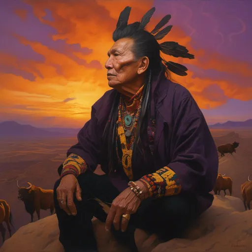 Prompt: <mymodel>(Native American warrior), elderly warrior with a striking (Mohawk hairstyle), face painted in deep black, two (eagle feathers) intricately woven into hair, surrounded by majestic (bison) in a golden sunset. Crow talking to him.  Evocative atmosphere, embodying Sunset and the symbolism of death. Rich golden and deep purple sky with soft shadows, (high detail, ultra-detailed), capturing the intense yet tranquil essence of the moment.