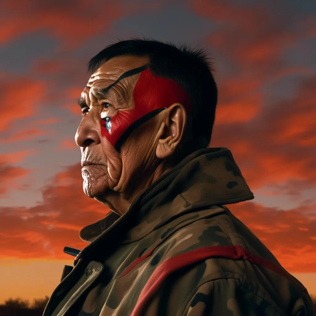 Prompt: <mymodel> elderly Native American soldier in camouflage uniform, with warrior's red and black face paint, facing viewer (muted sunset) in the background, (night sky), 2 eagle feathers in short hair (photorealistic), (rich texture), immersive atmosphere, expressive emotions, embodies the West Wind and nearing end of life.   Large dark raven on his shoulder talking in his ear