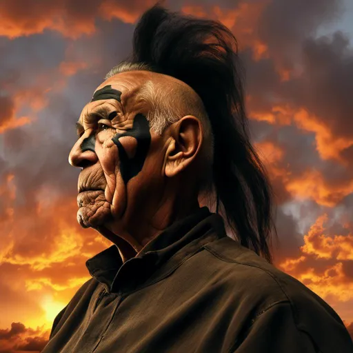 Prompt: <mymodel>(mymodel) an elderly Native American man with warrior's black face paint, facing viewer (dramatic sunset) in the background, (twilight sky), (wispy clouds) in the sky, (muted colors), (photorealistic), (rich texture), immersive atmosphere, expressive emotions, encapsulating the nearing end of life.