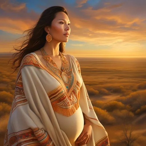 Prompt: <mymodel>(photorealistic) Goddess of the East, Life, Fertility, (pregnant Native American), adorned in a (fancy shawl), one hand extended in a blessing, stepping gracefully from a (blinding sunrise) onto the (vibrant prairie), warm golden hues illuminating the scene, ethereal and serene atmosphere, high resolution, ultra-detailed, capturing the essence of life and vitality.