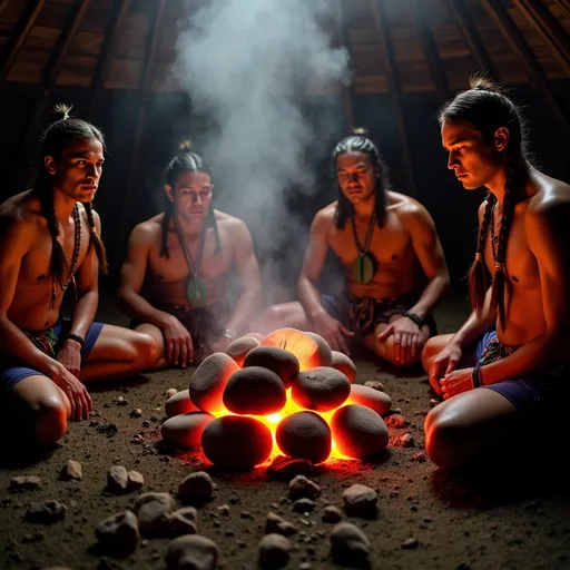 Prompt: (sweat lodge ceremony), (6 Native American men and 3 boys), in small close, dark sweat lodge, shadows, sacred ambiance, healthy steam rising from pile of red glowing large hot stones, (no fire) traditional attire, natural elements, focused expressions, ritualistic decor, vibrant elements of culture, warm and inviting, peaceful environment, ultra-detailed, immersive atmosphere, 4K quality, harmonious gathering, cultural significance.