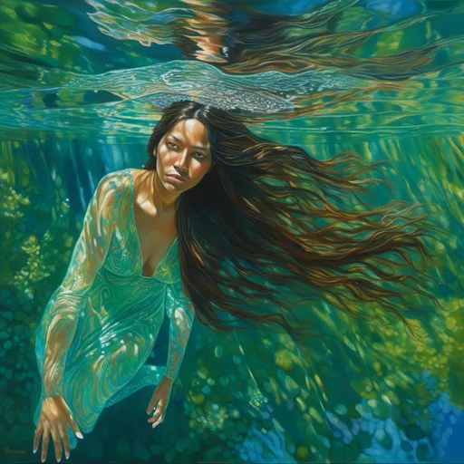 Prompt: <mymodel>(sensual water spirit woman), peaceful expression, looking up from underwater, surrounded by lush green forest, flowing long hair, (translucent dress), shimmering hues matching the stream, ripples distorting the surface, serene ambiance, dappled sunlight filtering through water, (ultra-detailed), breathtaking underwater view, magical realism, vibrant colors.