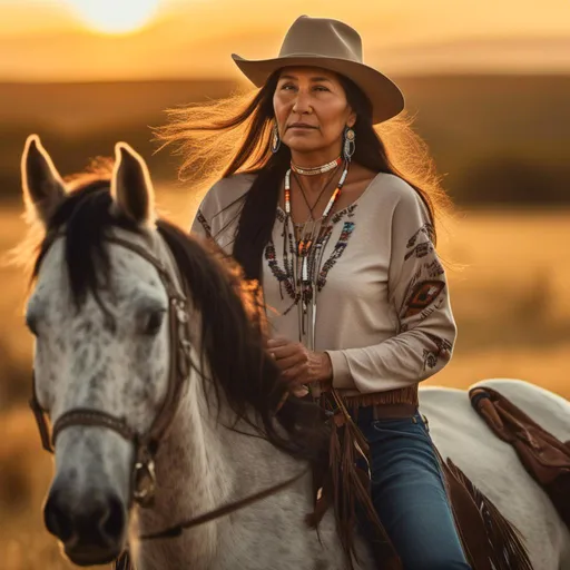 Prompt: <mymodel>photorealistic, curvy elderly Native American woman, (casual clothes), jeans and t shirt, riding Appaloosa horse, on the expansive prairie, golden sunset casting warm tones, grasses gently swaying in the breeze, serene and natural vibe, captivating portrait, emphasizing the bond between rider and horse, (highly detailed), (4K).