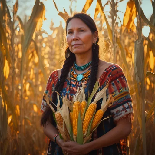 Prompt: <mymodel>(middle-aged Native American woman), (Goddess of the South), standing in a vibrant corn patch, (offering short speckled Indian corn) to the viewer, warm golden sunlight illuminating her face, lush green corn stalks in the background, cozy and inviting atmosphere, (4K ultra-detailed), celebrating abundance and fertility, reminiscent of native cultural heritage.