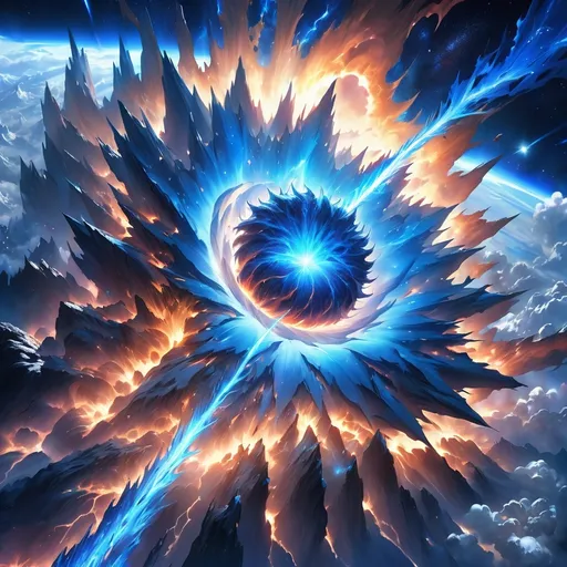 Prompt: (aerial view), anime style, (blue fire) raging across the landscape, a colossal (blue neutron star) descending ominously from the atmosphere, illuminating the terrain with a bright azure glow, fragments of the earth being dramatically pulled upward towards the star, creating a surreal and dynamic scene, intricate details, (high depth, ultra-detailed, 4K resolution), vibrant colors, cinematic atmosphere.