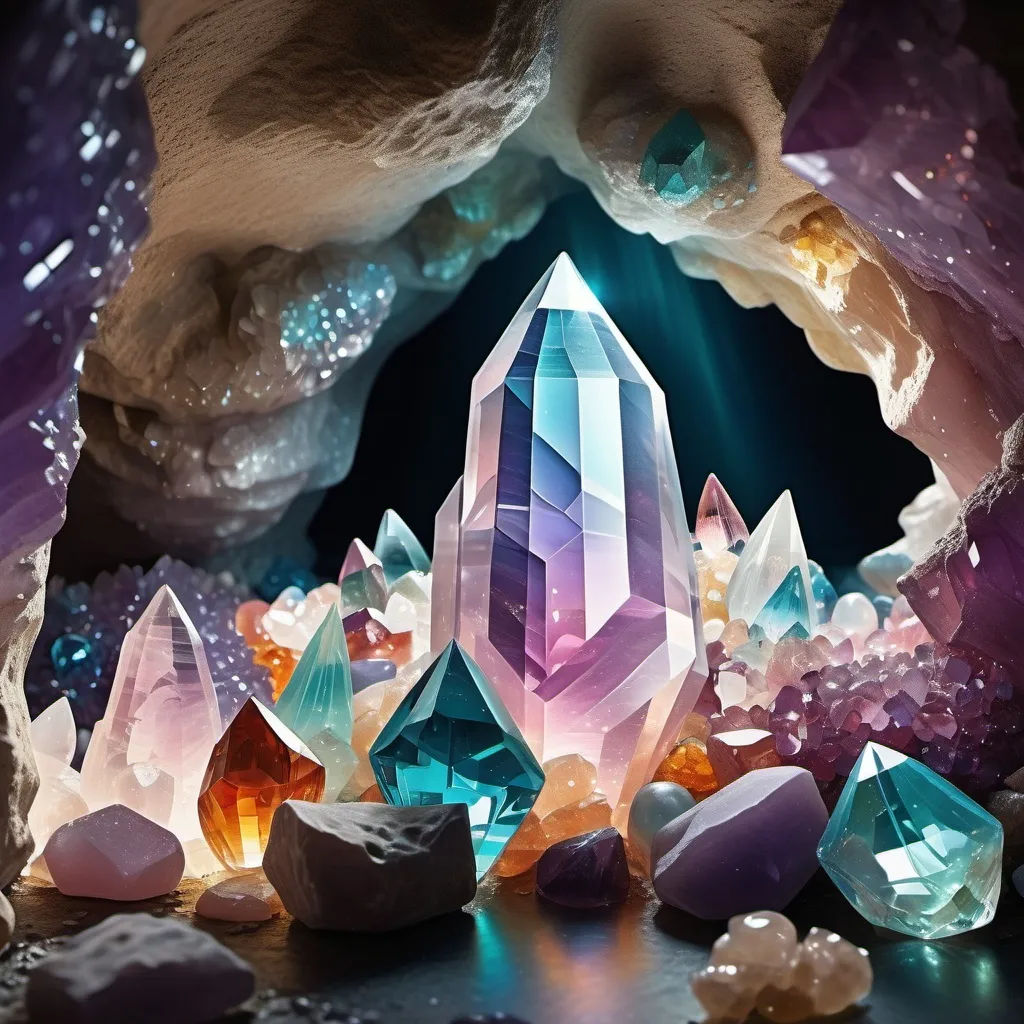 Prompt: A crystal cave filled with sparkling gemstones, light refracting beautifully.