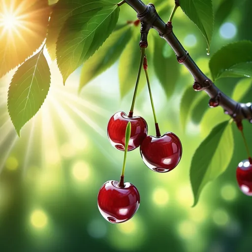 Prompt: (ripe glass-like cherry hanging from a branch), realism style, vibrant color scheme, lush green leaves, bright sunlight filtering through foliage, ultra-detailed textures, glistening surface reflecting light, serene nature background, warm ambiance, inviting atmosphere, HD quality, nature-focused composition, artistic depth with strong focus on the cherry.