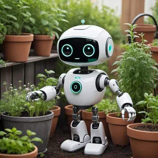 Prompt: A cute robot taking care of a herb garden 