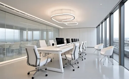 Prompt: grand espace de travail clair et lumineux très high tech et blanc. avec 3 chaises et une table et de grandes baies vitrées

