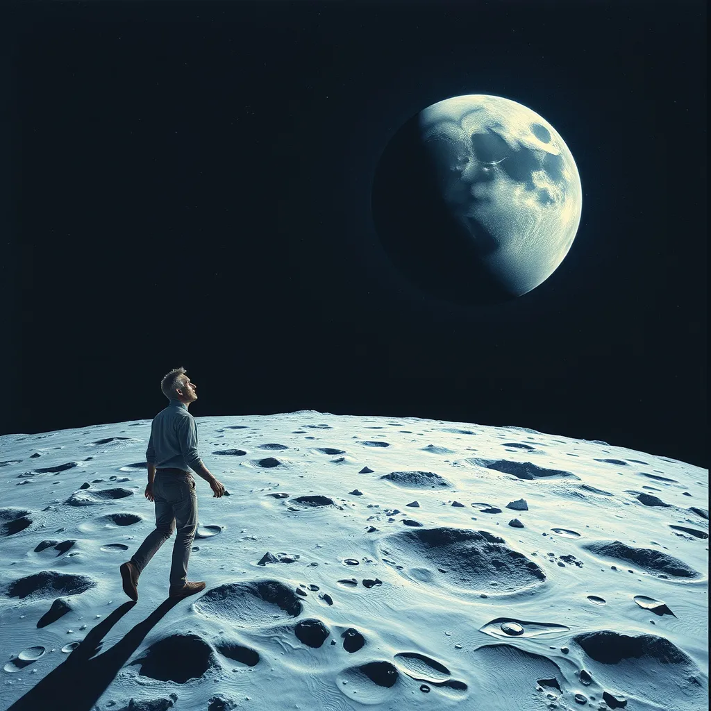 Prompt: Man walking on the moon looking at the earth crying for help