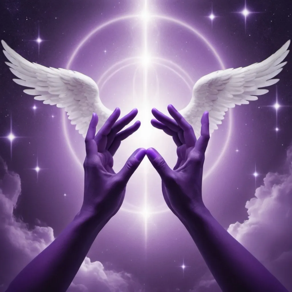 Prompt: energy arounds hands, celestial. purple, angelic