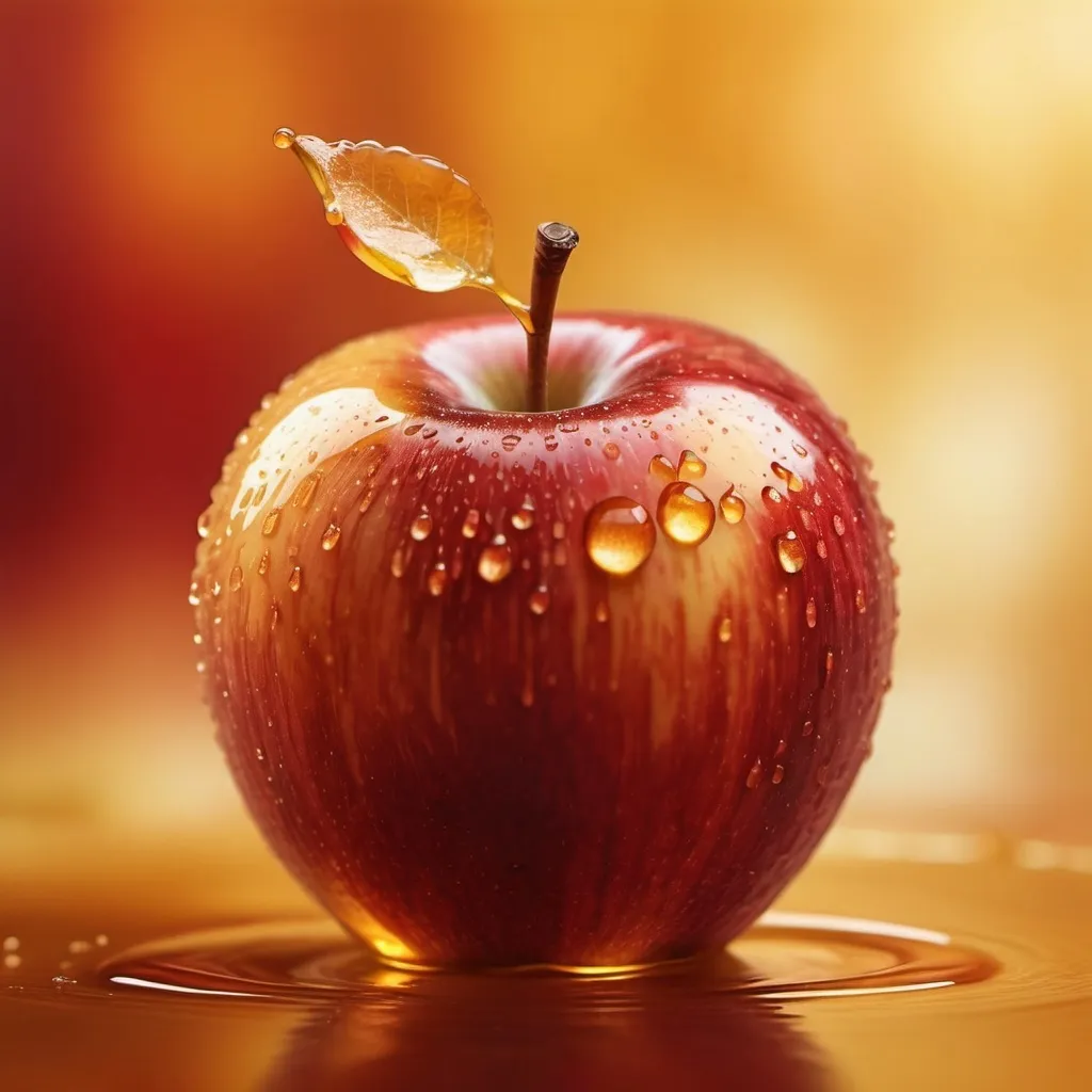 Prompt: (realistic depiction of an apple in honey), warm color palette, golden hues blending with deep red apple tones, soft focus background with gentle light reflections from the honey, inviting atmosphere evoking sweetness and warmth, ultra-detailed textures of the apple and honey, showcasing glistening droplets, high-resolution, cozy illustration concept