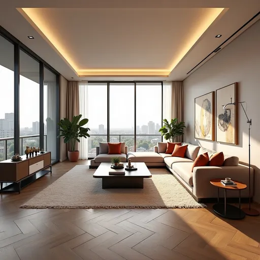 Prompt: photorealistic 200 sqm apartment, minimalistic, (modern design), luxurious decor elements, oak herringbone wooden flooring, art pieces, spacious layout, sleek furniture with Pahlavi and persian patterns, warm ambient lighting, large windows showcasing a Tehran view, earthy textiles and colors,  pale Persian rugs, minimalist art on the walls, inviting atmosphere, ultra-detailed, high quality, enhances style and elegance.