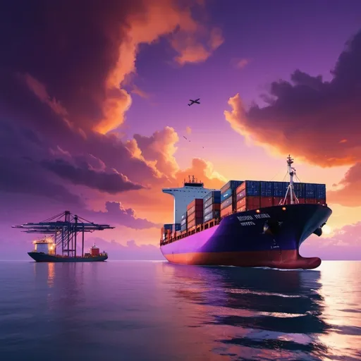 Prompt: (accurately spelled text "KRISHNA TRANs"), cargo ship beneath a stunning twilight sky, vibrant hues of orange and purple, detailed containers stacked high, dynamic scene with a courier plane flying overhead in the opposite direction, rippling water reflecting the beautiful sky, ultra-detailed, cinematic atmosphere, emphasizing the contrast between sea and air transportation, 4K quality.