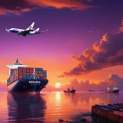 Prompt: (accurately spelled text "KRISHNA TRANs"), cargo ship beneath a stunning twilight sky, vibrant hues of orange and purple, detailed containers stacked high, dynamic scene with a courier plane flying overhead in the opposite direction, rippling water reflecting the beautiful sky, ultra-detailed, cinematic atmosphere, emphasizing the contrast between sea and air transportation, 4K quality.