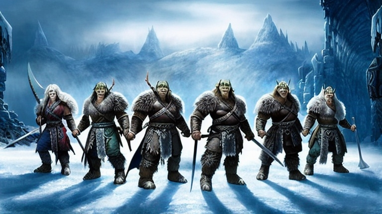 Prompt: Group of Orcs going to war, Frozen landscape, Tribe of the Black Suns, Pathfinder, Insanely Detailed, Hyper Detailed, Intricately detailed, Dungeons & Dragons, Fantasy, Wicked Blades, Angry, Tribal