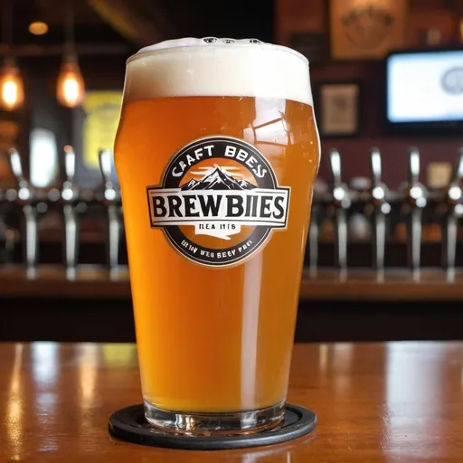 Prompt: A delicious looking pint of hazy IPA at a bar in a craft beer pub setting. The logo on the pint says "BREWBIES"