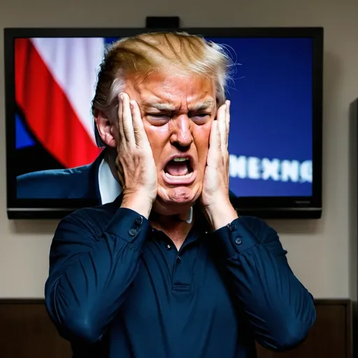 Prompt: MAN angry crying while STANDING IN FRONT OF A TV displaying trump yelling 