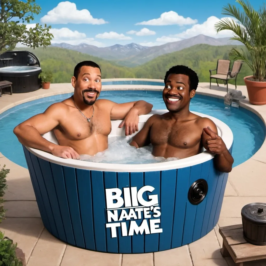 Prompt: Create a logo for a show called "Big Nate's Hot Tub Time" that includes a black man and a white man in a hot tub