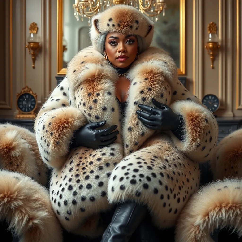 Prompt: portrait of an affluent, elegant, greedy, black lady, double-chin, wearing oversize  thick soft white spotted lynx fur coat,  in a luxurious room surrounded by thick soft spotted fur, fur  hat, leather gloves, high heel boots., dominant pose, Very detailed, HD.