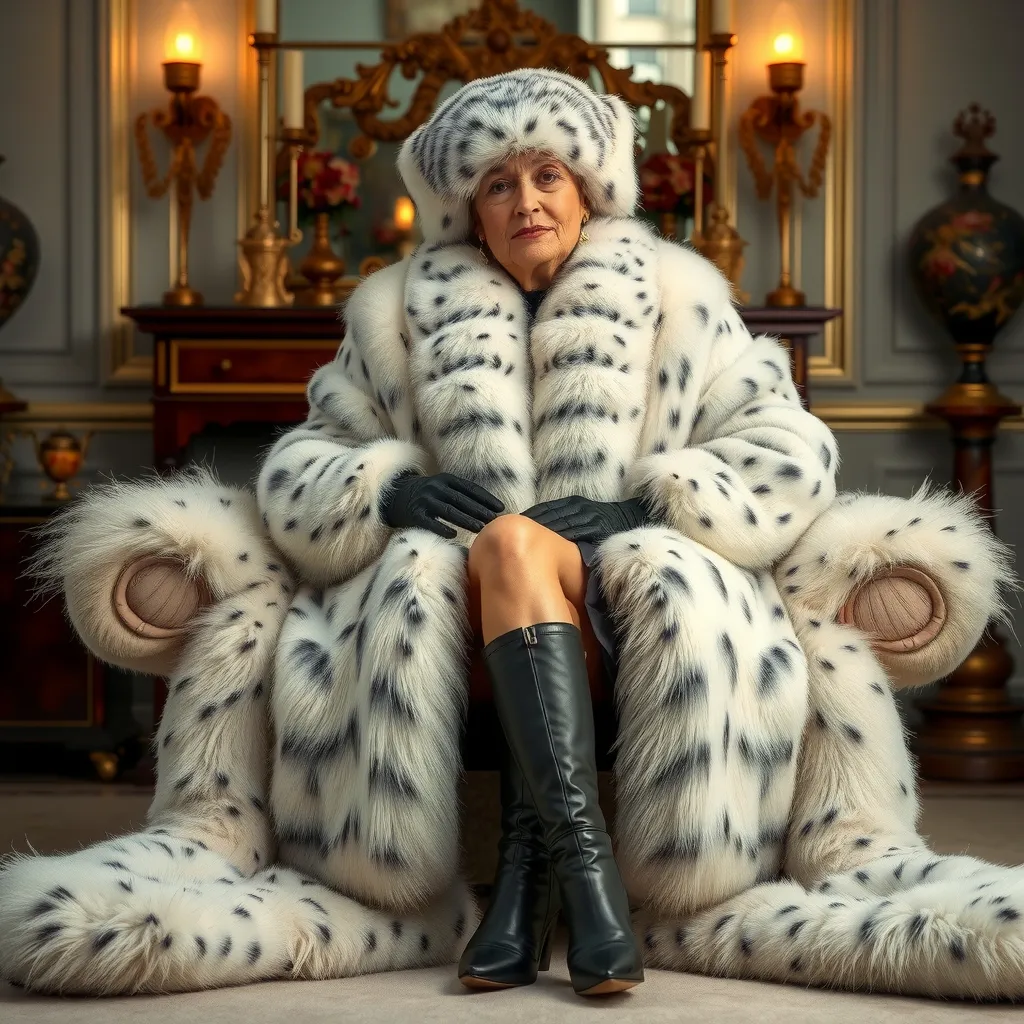 Prompt: portrait of an affluent, elegant, greedy, 65-year-old society lady, double-chin, wearing oversize  thick soft white spotted lynx fur coat, sitting in a luxurious room surrounded by thick soft spotted fur, fur  hat, leather gloves,  legs crossed, high heel boots., dominant pose, Very detailed, HD.