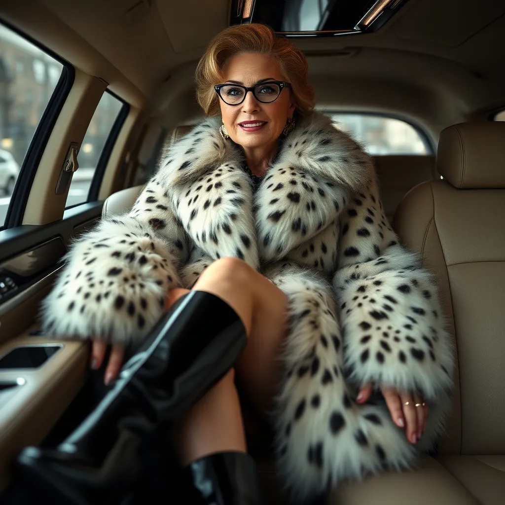 Prompt: Full body portrait of an affluent, elegant, greedy, 55-year-old society lady, oversized botox lips, double-chin, white spotted lynx fur coat, sitting in a limousine, legs crossed, high heel boots. Very detailed, HD.