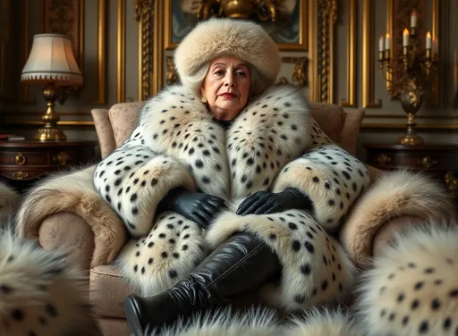 Prompt: portrait of an affluent, elegant, greedy, 65-year-old society lady, oversized botox lips, double-chin, oversize thick soft white spotted lynx fur coat, sitting in a luxurious room surrounded by thick soft spotted fur, fur  hat, leather gloves,  legs crossed, high heel boots., dominant pose, Very detailed, HD.