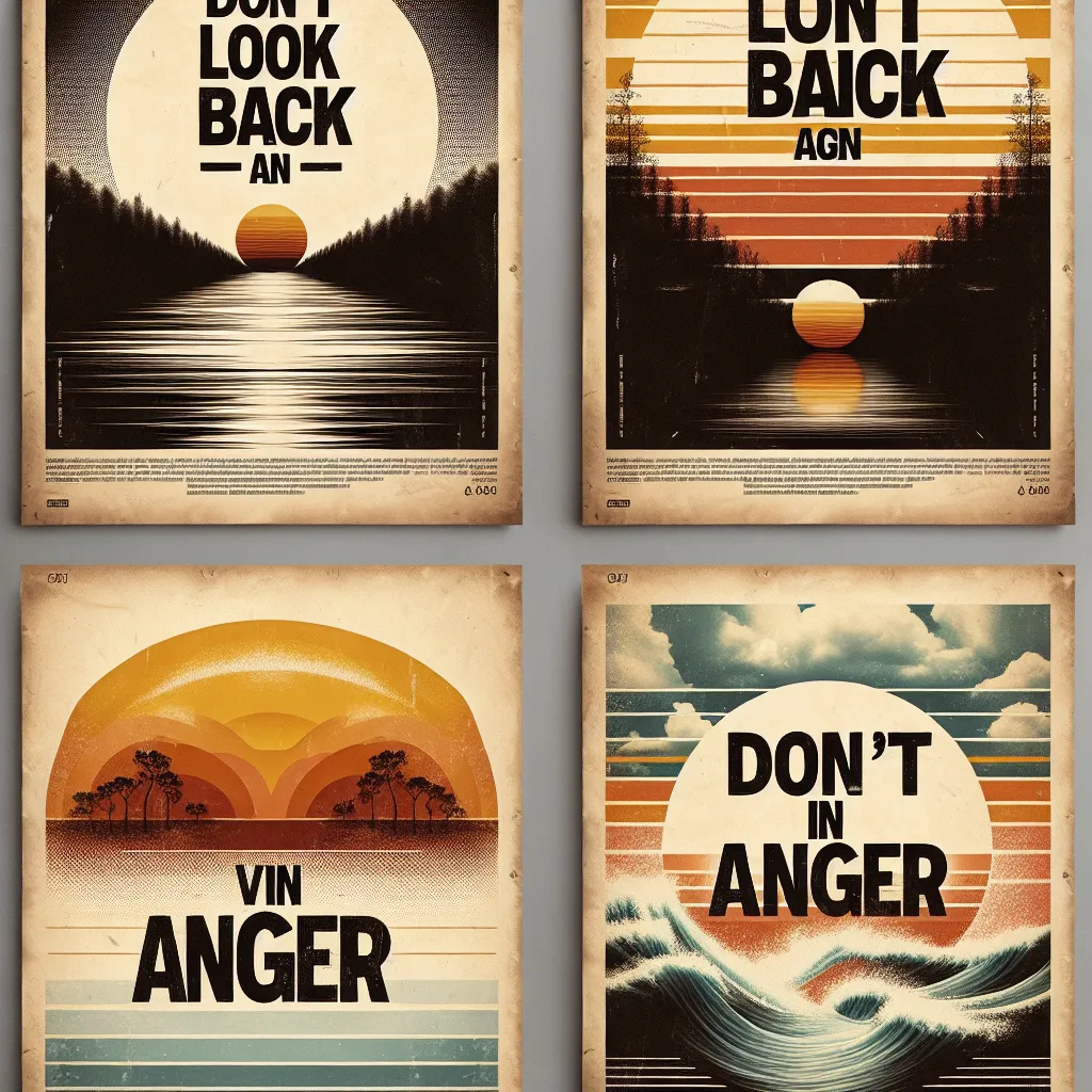 Prompt: Create a collection of typographic and visual art posters inspired by iconic Oasis songs, each capturing the essence of the track through distinct design elements:

Don’t Look Back in Anger" Inspirational Poster:Concept: Highlight the lyric "Don’t Look Back in Anger" as a motivational message.Design Elements: Bold typography with a nostalgic background—faded photo of a sunset or abstract wave pattern.Color Scheme: Warm tones (oranges, yellows) for positivity, with cooler shades for text contrast.


In a3 a4 a5 size